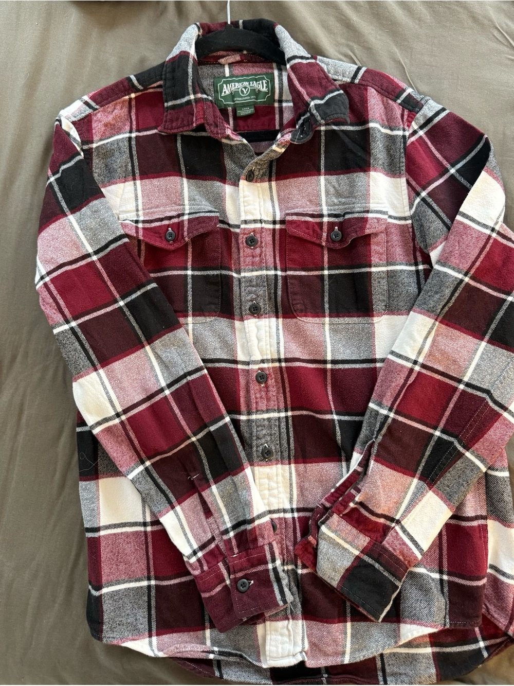 Abercrombie & Fitch Men's Burgundy, Black & White Plaid Button-Down Shirt - Picture 6 of 6